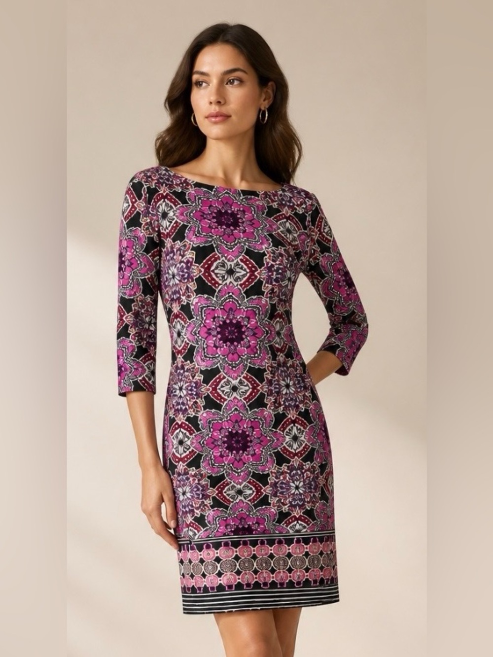 ELIZA J Medallion Shift Sheath Dress Pink Purple Gold Exposed Zipper Workwear